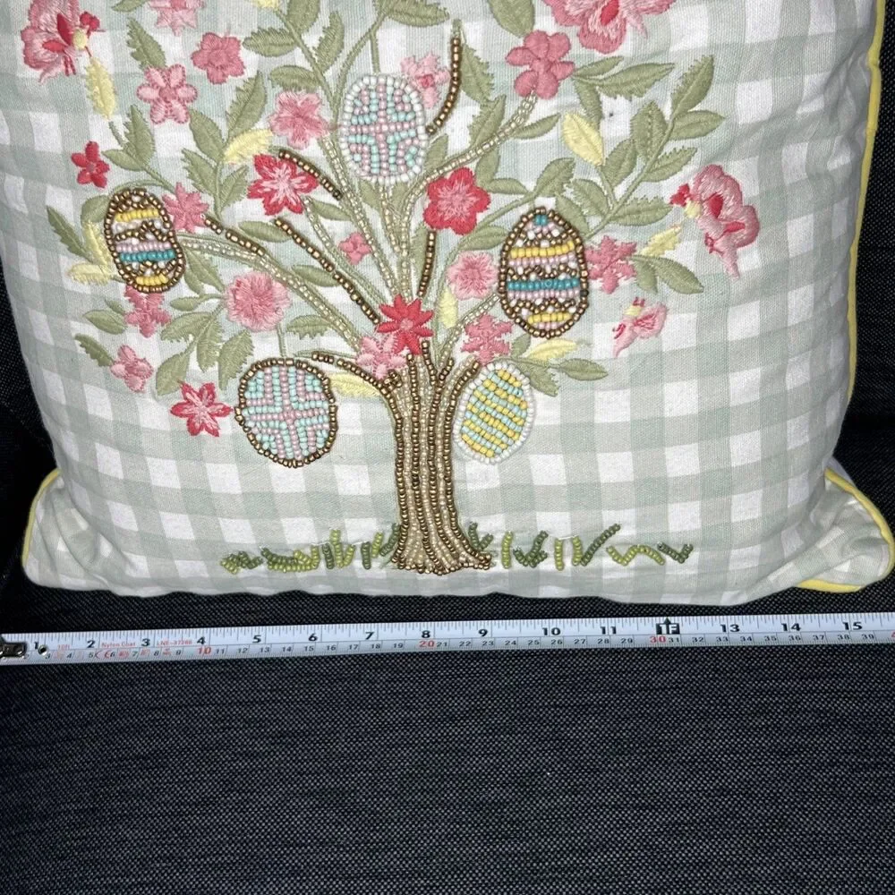 Pier 1 Beaded Accent Pillow Gingham Easter Egg Tree 16 in Square Spring
